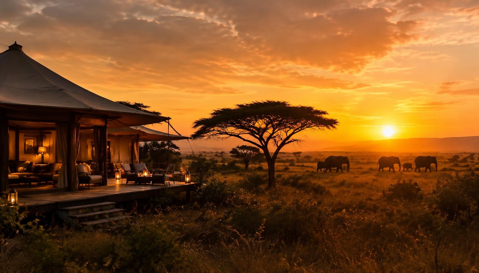 Safari tented lodge at sunset with elephants on the savanna